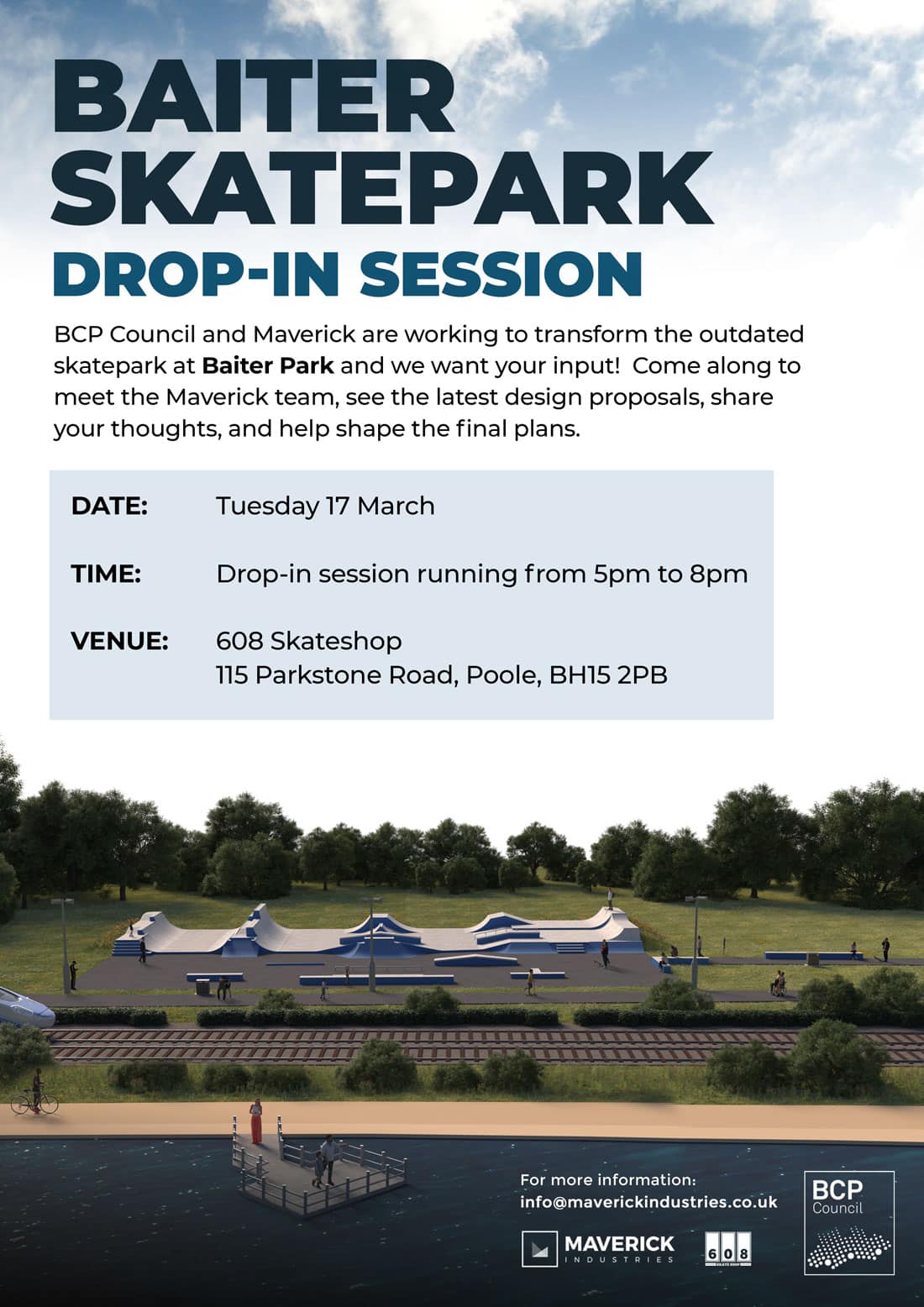 Baiter Skatepark drop-in session 17 March at 608 Skateshop
